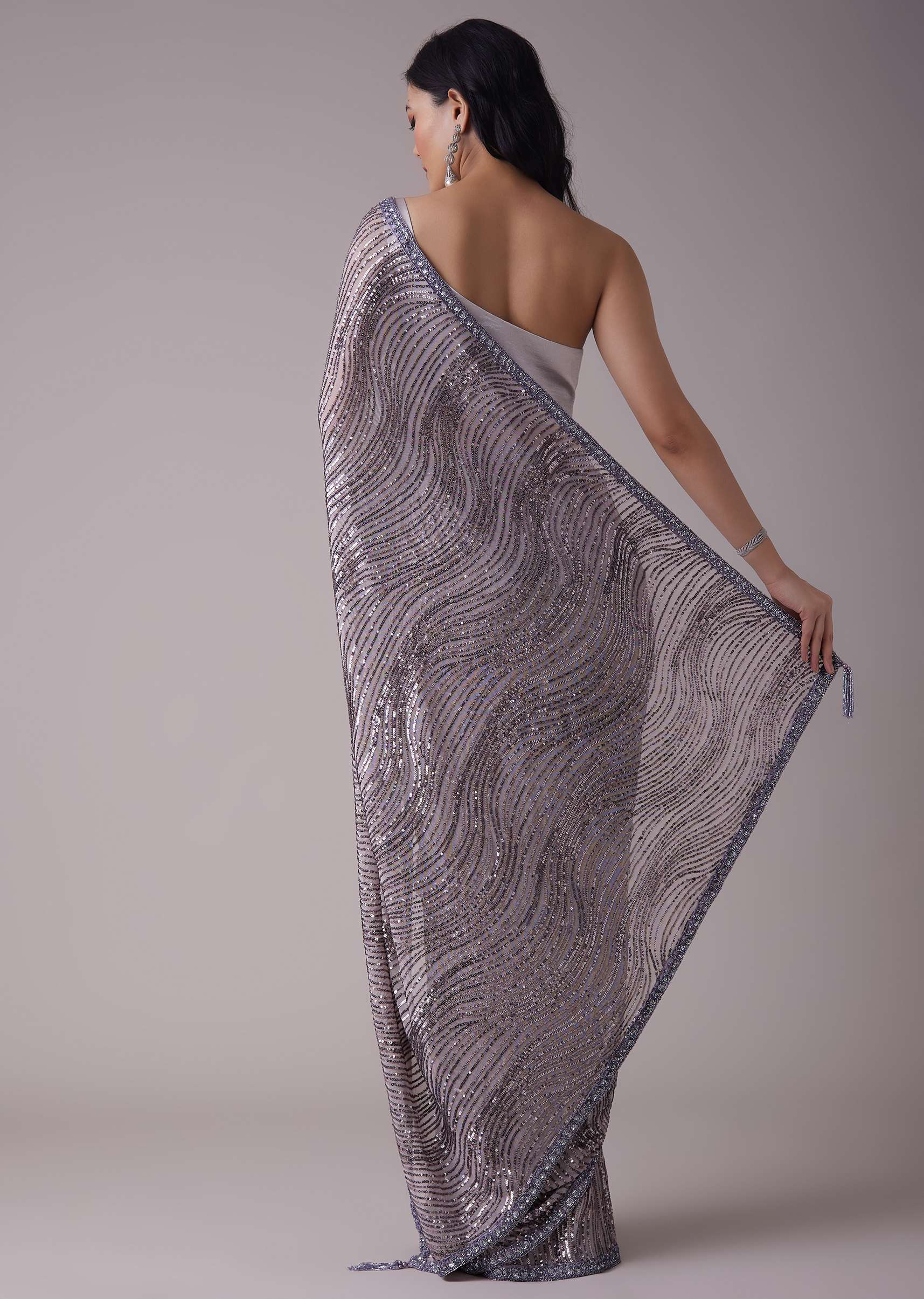 Wind chime grey sequins saree with embellished border