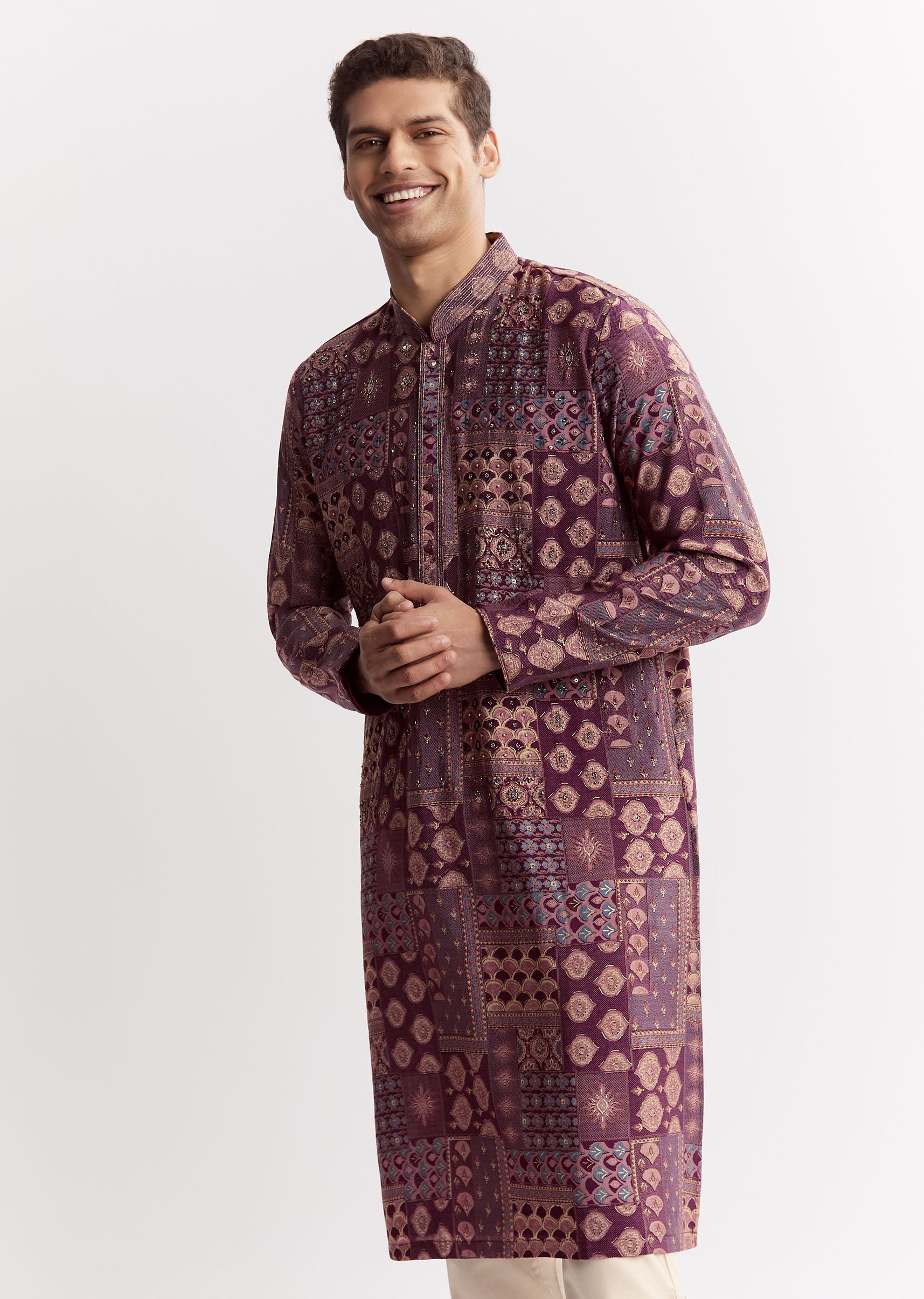 Buy Wine Chanderi Printed Kurta Jacket Set With Stone Sequins And ...