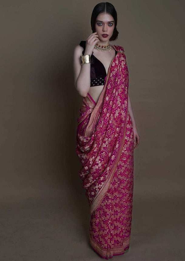 Fuchsia pink georgette saree with weaved jaal work  and bandhani print only on kalki