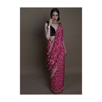 Fuchsia pink georgette saree with weaved jaal work  and bandhani print only on kalki