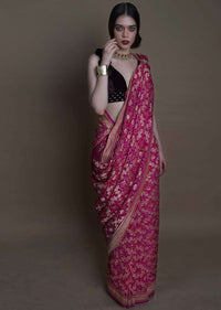 Fuchsia pink georgette saree with weaved jaal work  and bandhani print only on kalki