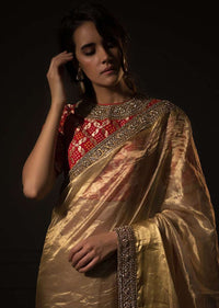 Golden Sheer Saree In Silk With Embroidered Border Online - Kalki Fashion