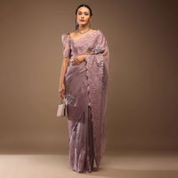 Wistful Mauve Saree With A Crop Top In Sequins Embroidery Crafted In Tissue Organza With Balloon Sleeves