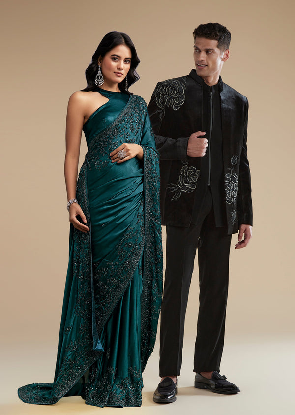 Evening Glamour Couple Set – Teal Blue Satin Chinon Embroidered Saree for Her And Black Velvet Jodhpuri for Him