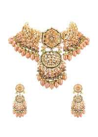 Gold-Finish Kundan Choker Necklace Set With Intricate Colourful Meenakari Work In Mix Metal