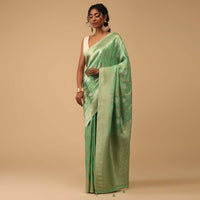 Pista Green Dola Silk Saree With Silver And Gold Floral Jaal Pattern