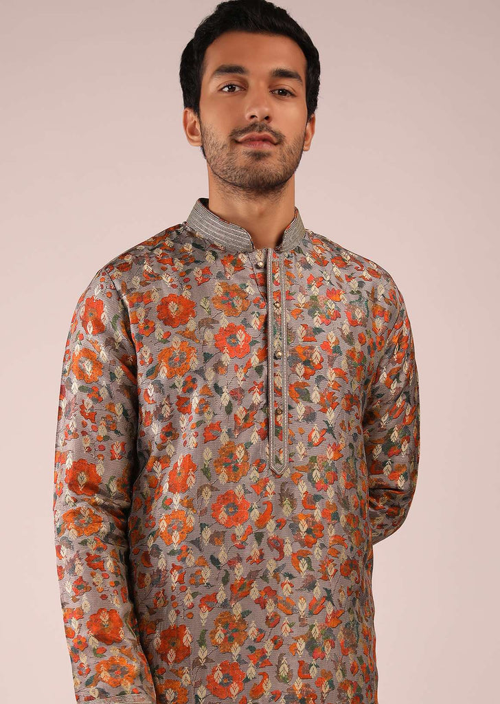 Metal Grey Kurta Set In Brocade Silk With Multi Colored Printed Floral Jaal