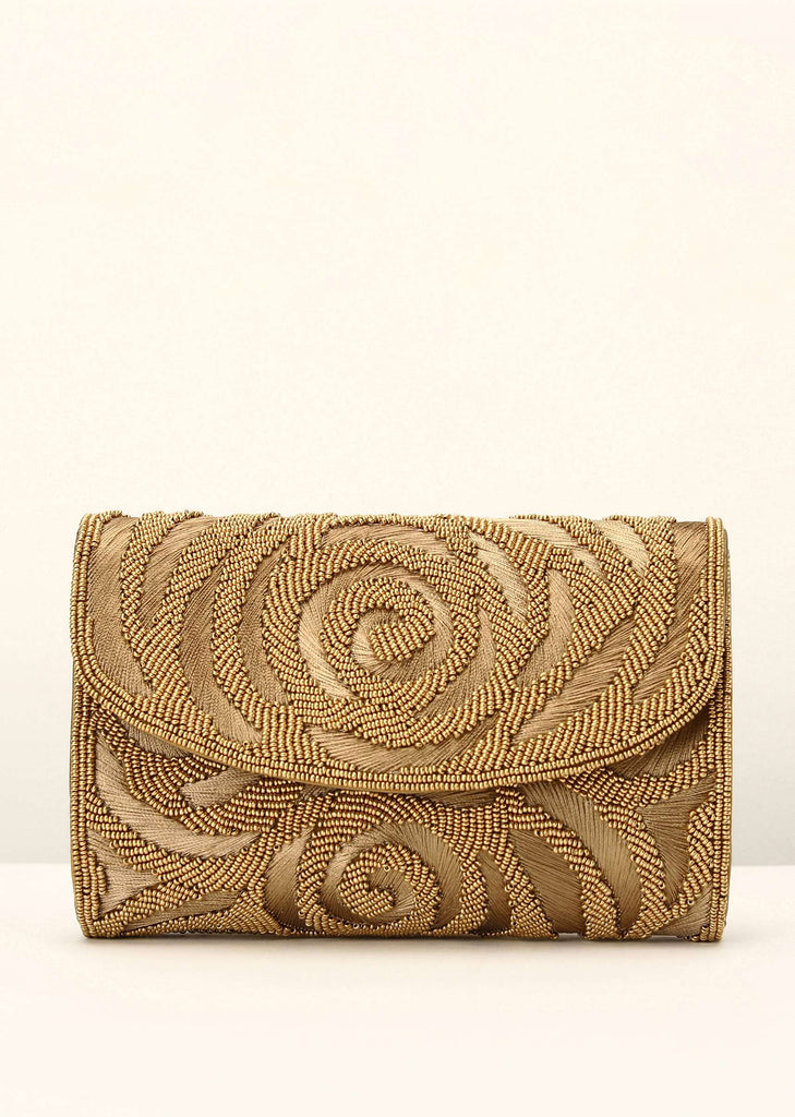 Antique Gold Clutch With Resham And Beads Embroidered Spiral Design