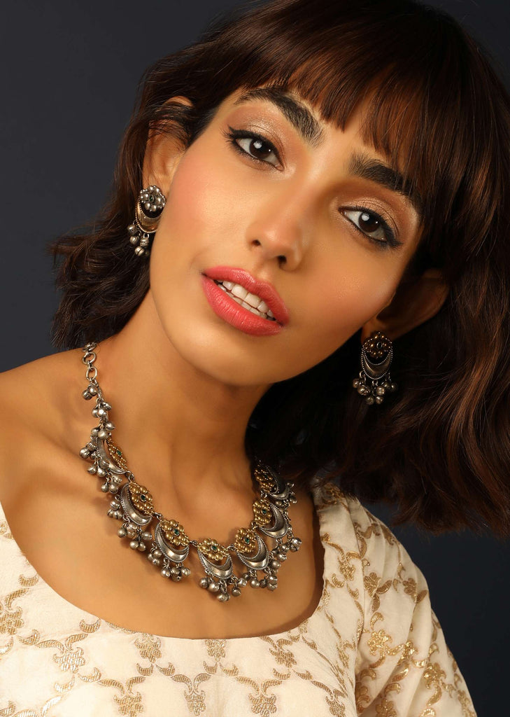 Gold And Silver Toned Tribal Necklace With Floral Motifs And Ghunghroo
