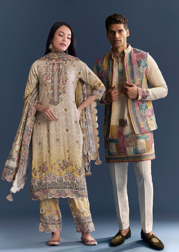 Sunlit Couple Set – Yellow-Beige Ombre Floral Kurta Set for Her And Multicolour Silk Thread Work Kurta Jacket Set for Him