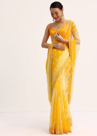 Yellow Chiffon Leheriya Tie Dye Saree With Unstitched Blouse