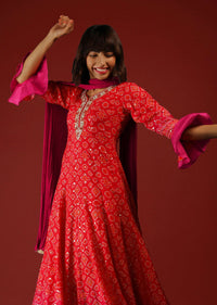 Red And Rani Pink Shaded Anarkali Suit With Ruffle Sleeves Bandhani Print