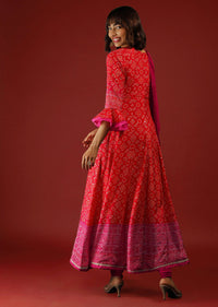 Red And Rani Pink Shaded Anarkali Suit With Ruffle Sleeves Bandhani Print