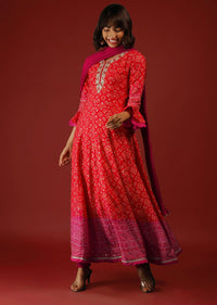 Red And Rani Pink Shaded Anarkali Suit With Ruffle Sleeves Bandhani Print