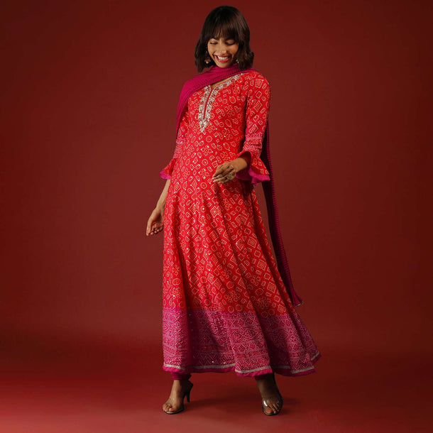 Red And Rani Pink Shaded Anarkali Suit With Ruffle Sleeves Bandhani Print