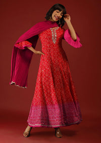 Red And Rani Pink Shaded Anarkali Suit With Ruffle Sleeves Bandhani Print