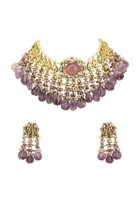 Voilet Toned Gold-Finish Kundan Choker Necklace Set With Colourful Meenakari Work In Mix Metal