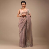 Orchid Haze Glass Tissue Saree With Zardozi Embroidery And Floral Buttis