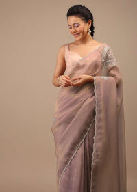 Orchid Haze Glass Tissue Saree With Zardozi Embroidery And Floral Buttis