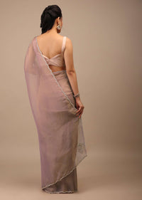 Orchid Haze Glass Tissue Saree With Zardozi Embroidery And Floral Buttis