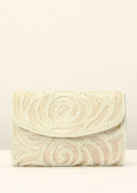 White Clutch With Resham And Beads Embroidered Spiral Design