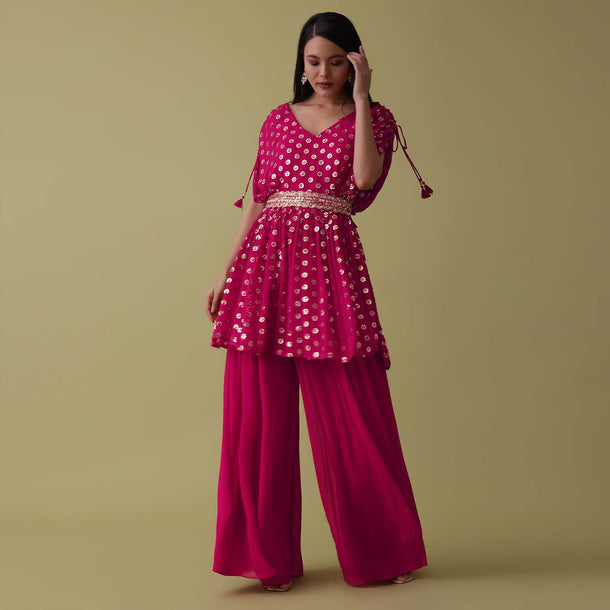 Rani Pink Palazzo Top Set In Georgette With Sequins Work