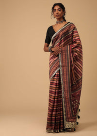 Multicolor Stripe Printed Saree In Chanderi Cotton With Gotta Patti Work On The Borders