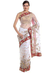 White net saree adorned with sequins and zardosi craft only on Kalki