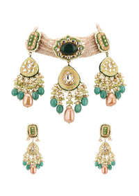 Multicolor Gold-Finish Kundan Choker Necklace Set With Colourful Meenakari Work And Drop-Stones In Mix Metal