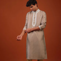 Tan Brown Gota Embroidered Silk Kurta Set