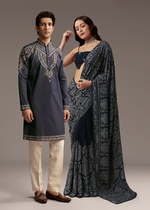 Refined Navy Harmony Couple Set – Navy Blue Georgette Saree with Resham Thread and Cutdana Embroidery for Her And Blue Linen Kurta Set with Resham Embroidery for Him