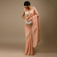 Apricot Blush Saree In Dupion Silk With Gotta Patti Embroidered Floral Buttis And Border Design