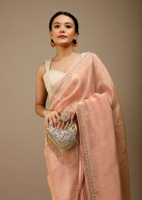 Apricot Blush Saree In Dupion Silk With Gotta Patti Embroidered Floral Buttis And Border Design