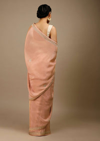 Apricot Blush Saree In Dupion Silk With Gotta Patti Embroidered Floral Buttis And Border Design