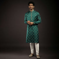 Teal Green Kurta Set In Satin Silk With 3D Printed Buttis