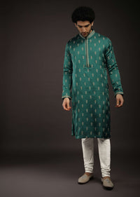 Teal Green Kurta Set In Satin Silk With 3D Printed Buttis