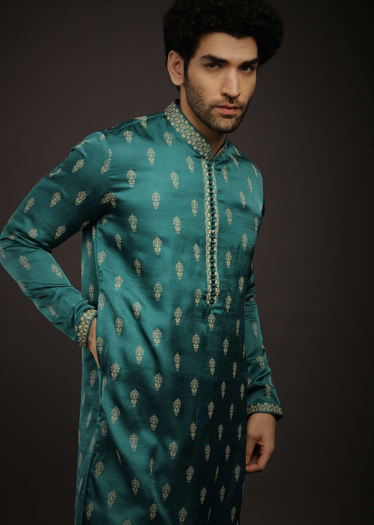 Teal Green Kurta Set In Satin Silk With 3D Printed Buttis