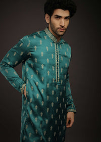 Teal Green Kurta Set In Satin Silk With 3D Printed Buttis