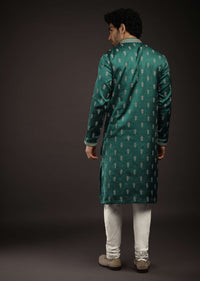 Teal Green Kurta Set In Satin Silk With 3D Printed Buttis