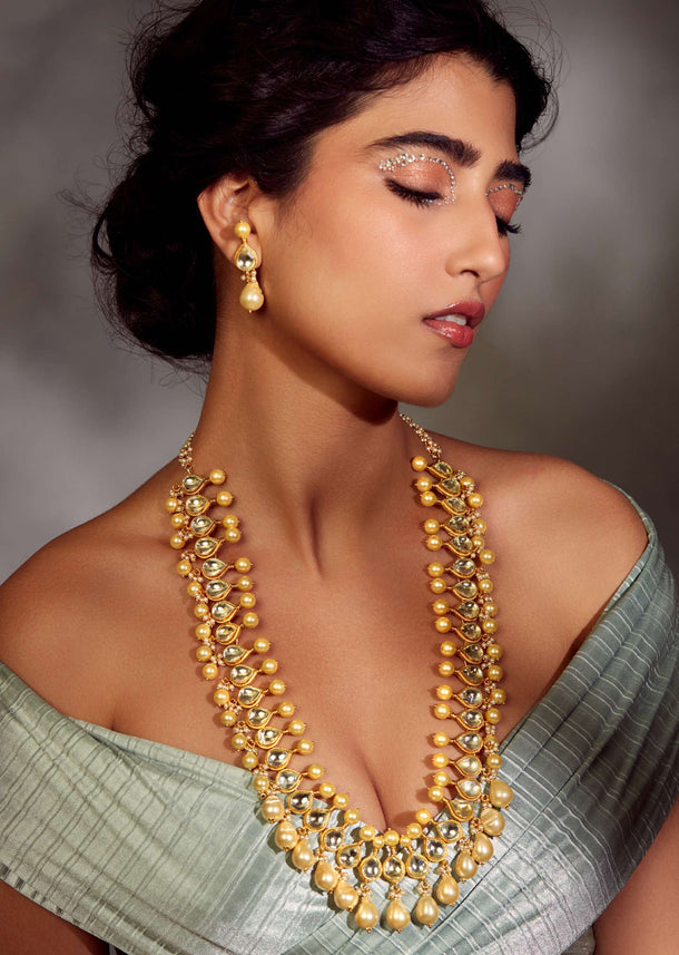 22k Gold-Plated Silver Alloy Kundan Long Necklace Set