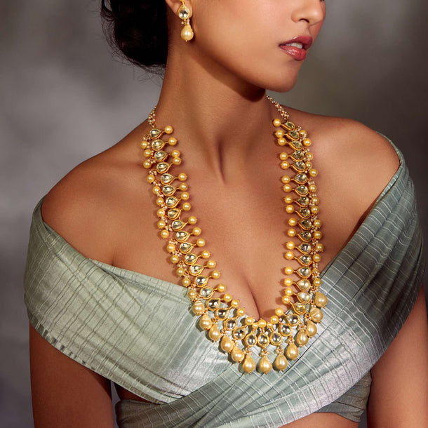 22k Gold-Plated Silver Alloy Kundan Long Necklace Set