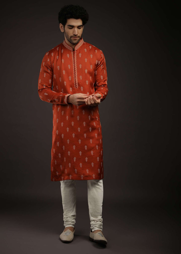 Clay Red Kurta Set In Satin Silk With 3D Printed Buttis