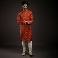 Clay Red Kurta Set In Satin Silk With 3D Printed Buttis