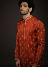 Clay Red Kurta Set In Satin Silk With 3D Printed Buttis