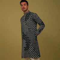 Charcoal Black Printed Linen Kurta