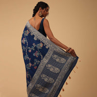 Persian Blue Dola Silk Saree With Multi Colour Floral Jaal Embroidery