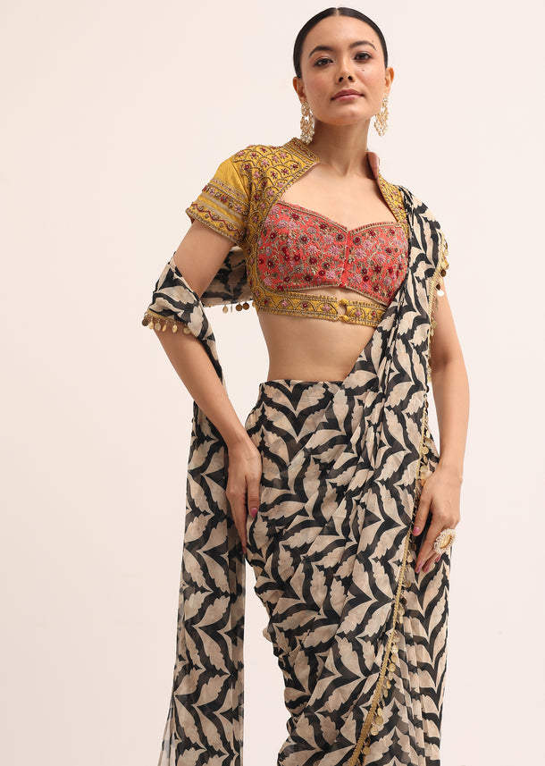 Peach And Black Embroidered Blouse And Skirt With Attached Dupatta