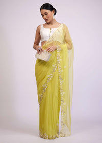 Pista Yellow Saree In Organza With Moti And Pearl Embroidery