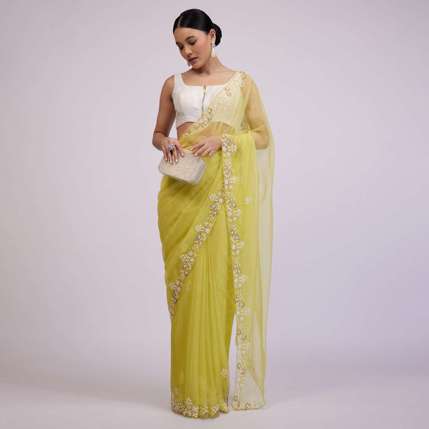 Pista Yellow Saree In Organza With Moti And Pearl Embroidery