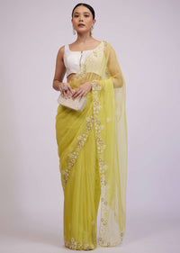 Pista Yellow Saree In Organza With Moti And Pearl Embroidery